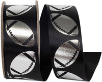 Homecoming Metallic Footballs Ribbon Black Silver 1-3/8 Inch