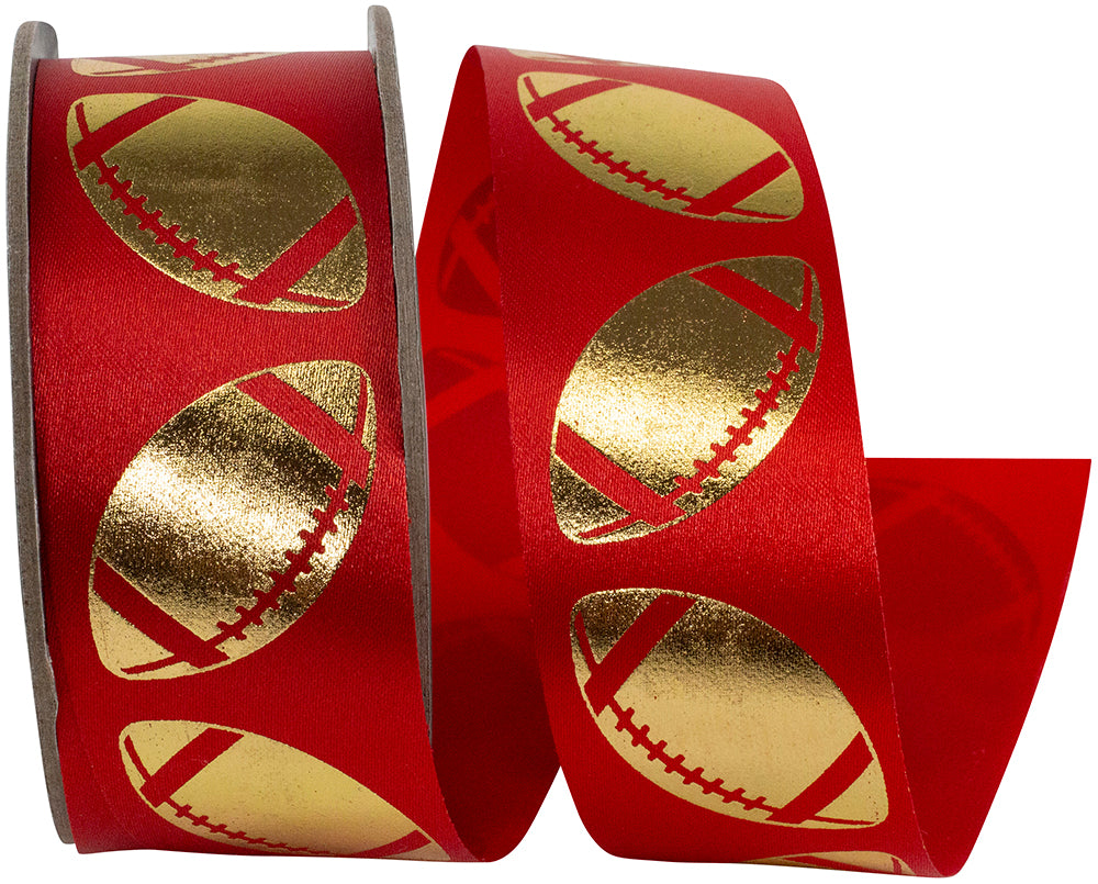 Homecoming Metallic Footballs Ribbon Red Gold 1-3/8 Inch
