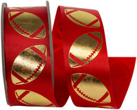 Homecoming Metallic Footballs Ribbon Red Gold 1-3/8 Inch