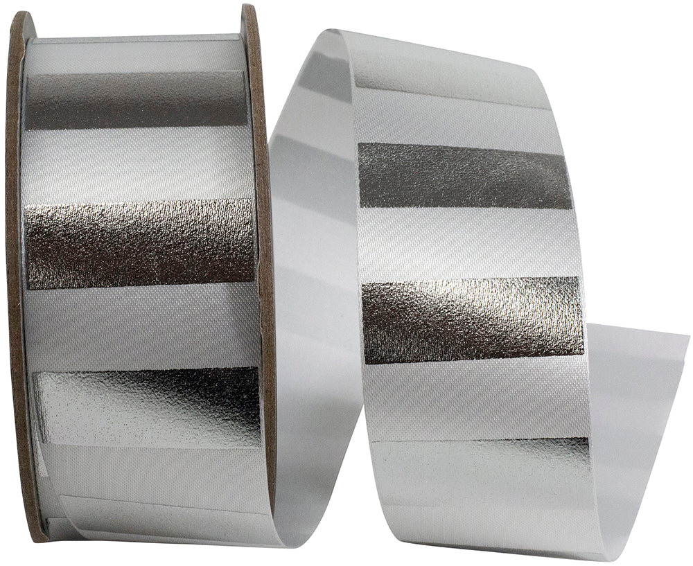 Cabana Metallic Stripes Satin Ribbon White Silver 1-3/8 Inch