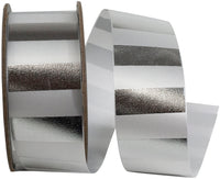 Cabana Metallic Stripes Satin Ribbon White Silver 1-3/8 Inch