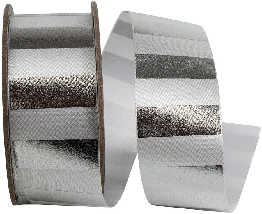 Cabana Metallic Stripes Satin Ribbon White Silver 1-3/8 Inch
