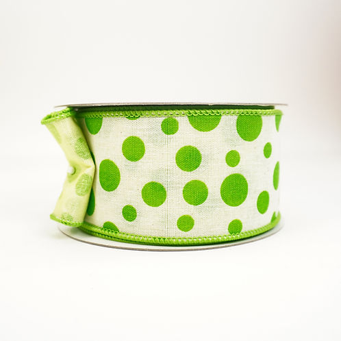 RIBBON SPRING POLKA DOTS 2.5X10YDS WHITE AND LIME