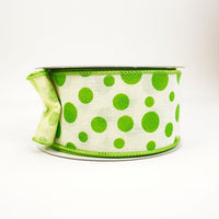 RIBBON SPRING POLKA DOTS 2.5X10YDS WHITE AND LIME