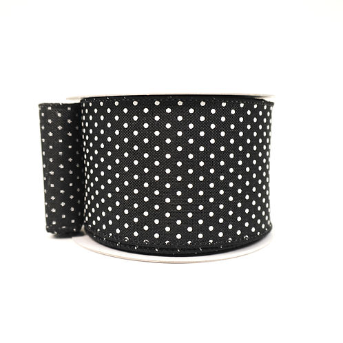 RIBBON 2.5" X 10YDS BLACK WITH WHITE SWISS DOTS