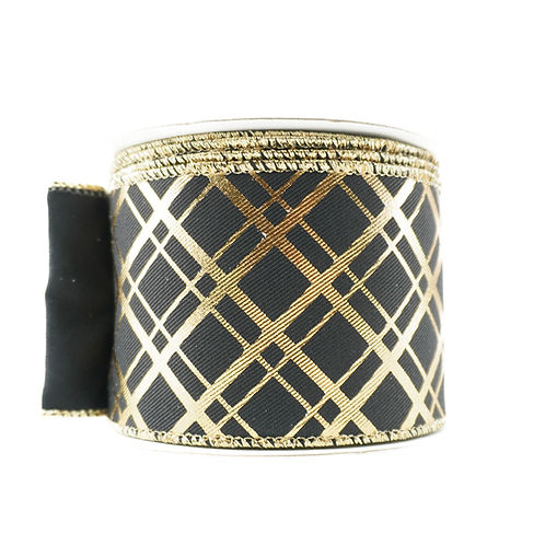 RIBBON 2.5" X 10YDS DIAG STRIPE BLACK AND GOLD