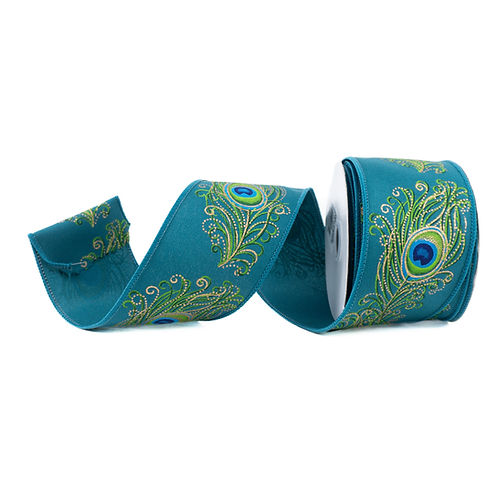 RIBBON 2.5" X 10YDS PEACOCK FEATHER DARK TEAL, GREEN AND BUE