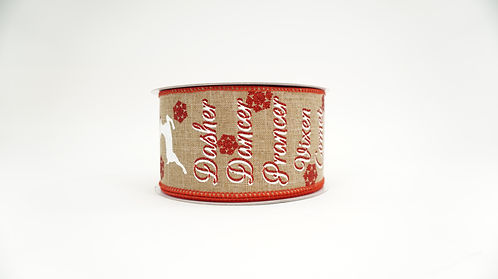GLITTER RAINDEER NAMES CHRISTMAS RIBBON 2.5X10 NATURAL,RED