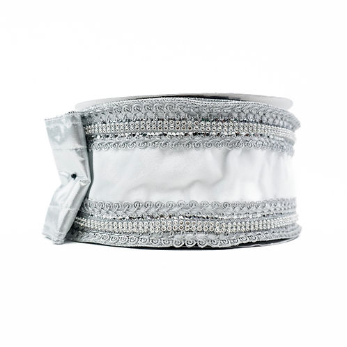RIBBON JEWELED CROCHET 4X10YDS WHITE AND SILVER