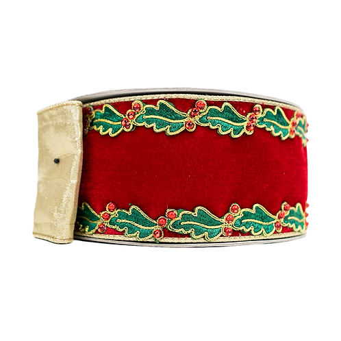 RIBBON 4" X 10YDS HOLLY BORDER RED