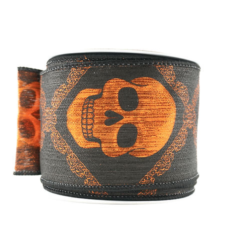 RIBBON 2.5" X 10YDS METALLIC SKULL ORANGE AND BLACK
