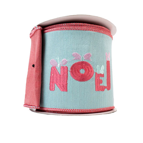 RIBBON 4" X 10YDS NOEL EMBROIDERY PINK AND AQUA