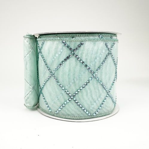 RIBBON 4X10YDS AQUA DOUBLE SHEER WITH JEWLS