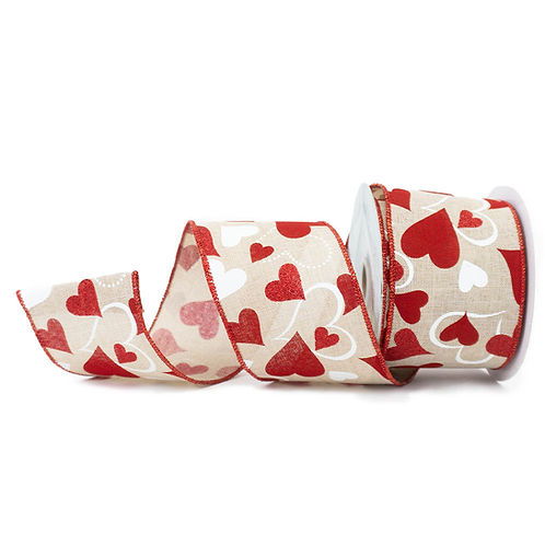 RIBBON 2.5" X 10YDS HEARTS RED AND NATURAL
