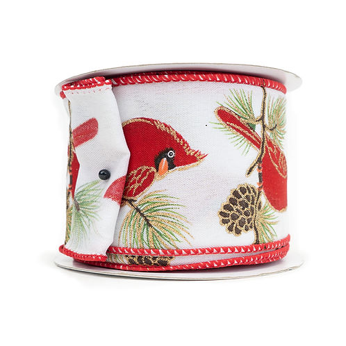 RIBBON 2.5" X 10YDS RED CARDINAL ON BRANCH'S WHITE