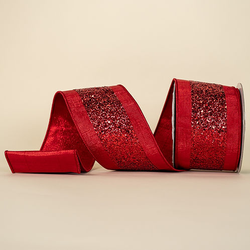 RIBBON 4" X 10YDS GLITTER TRIM RED