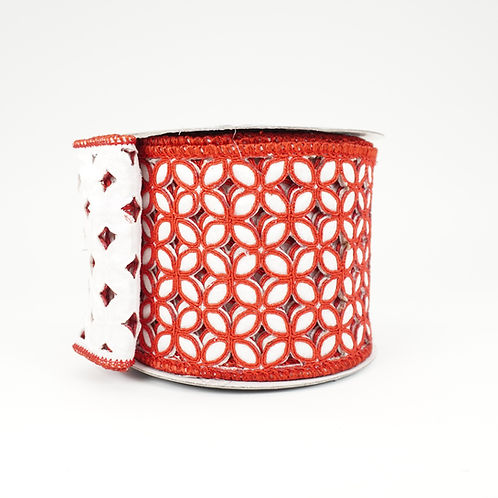 RIBBON 4" X 5YDS CHRISTMAS FLOWER LACE RED AND WHITE