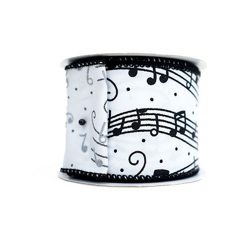 RIBBON 2.5" X 10YDS MUSIC NOTES WHITE AND BLACK