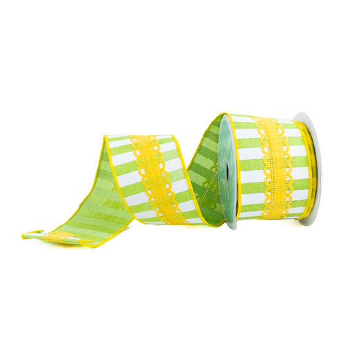 RIBBON 2.5" X 10YDS 2-IN-1 LACE WITH HORIZONTAL STRIPE WHITE ( 2 COLORS )