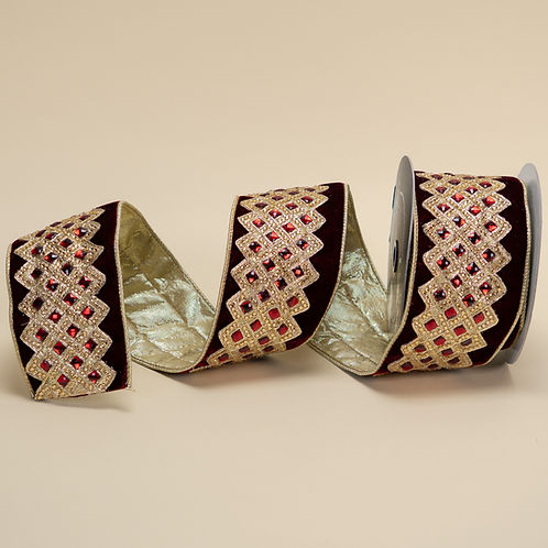 RIBBON 4" VELVET BEJWELED LATTICE ( 5 COLORS AND YARDS )