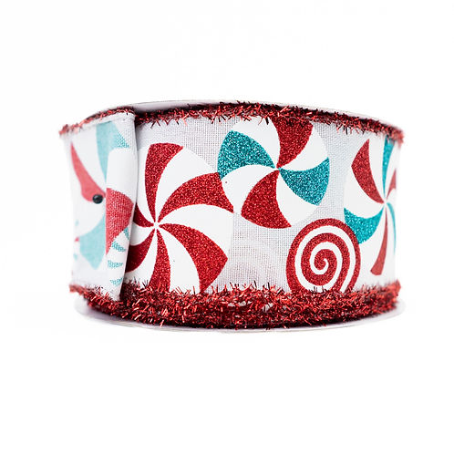 RIBBON 2.5" X 10YDS PEPPERMINT TINSEL WHITE