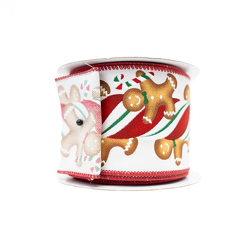 RIBBON 2.5" X 10YDS GINGERBREAD CANDY WHITE AND RED