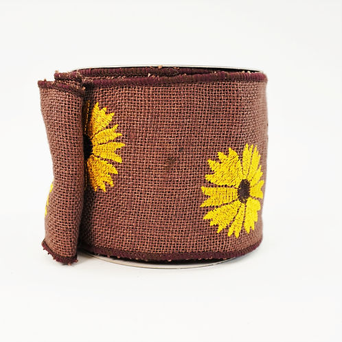 RIBBON 4X10YDS BROWN BURLAP WITH SUNFLOWERS