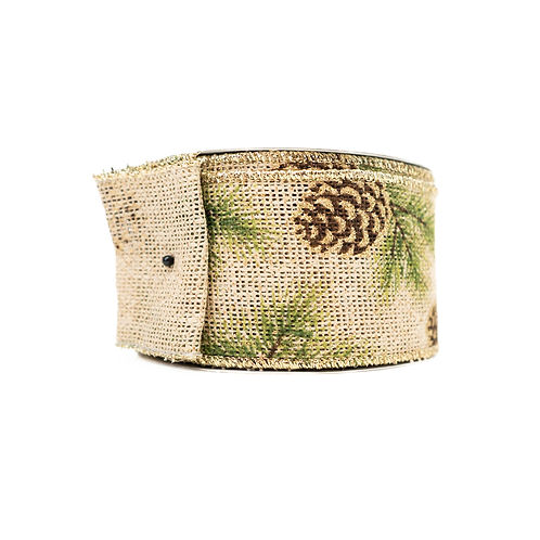 RIBBON 2.5" X 10YDS PINECONE NATURAL AND GOLD