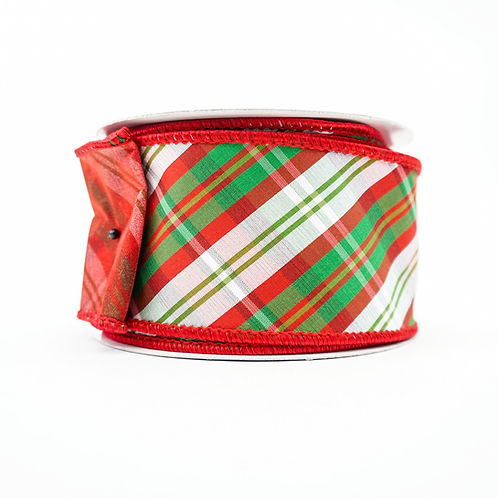 RIBBON 2.5" X 10YDS SCOTTISH PLAID GREEN, RED AND WHITE