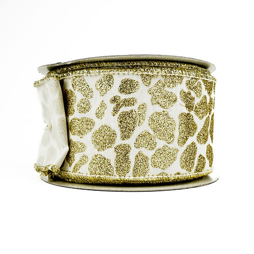 RIBBON SPARKLING CHEETAH 2.5X10YDS IVORY AND GOLD