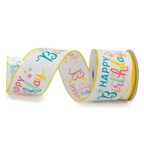 RIBBON 2.5" X 10YDS HAPPY BIRTHDAY WHITE
