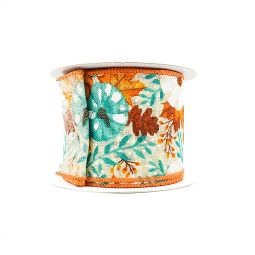 RIBBON 2.5X10YDS PUMPKIN ON FOLIAGE AQUA