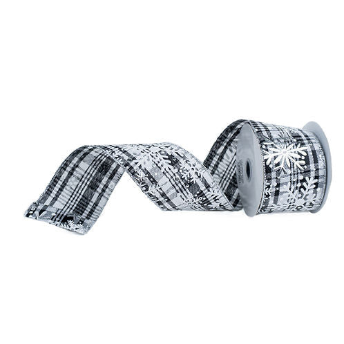 RIBBON 2.5" X 10YDS SNOWFLAKES ON WOVEN BLACK, WHITE AND SILVER