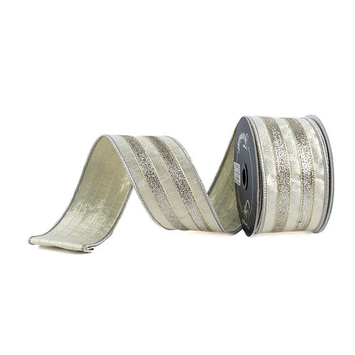 RIBBON 2.5" X 10YDS FROSTY STRIPES PLATINUM