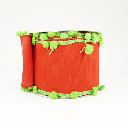 RIBBON 4X10YDS RED DUPION WITH GREEN POM EDGE