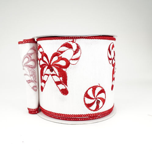 RIBBON 4X10YDS WHITE WITH PEPPERMINT EMBROIDERY