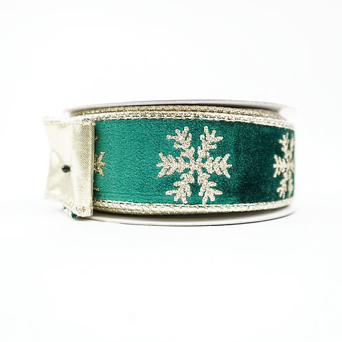RIBBON VELVET SNOWFLAKE 1.5X10YDS GREEN AND GOLD