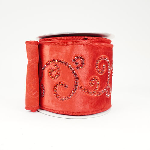 RIBBON 4X5YDS VELVET JEWEL SCROLL RED