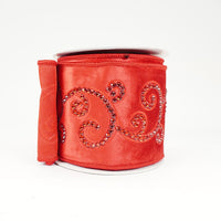 RIBBON 4X5YDS VELVET JEWEL SCROLL RED