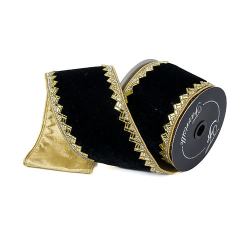 RIBBON 4" X 5YDS HERITAGE JEWEL BLACK AND GOLD