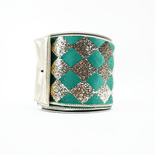 RIBBON VELVET DIAMOND 4X10YDS GREEN AND GOLD