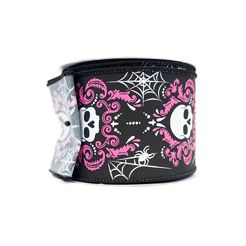 RIBBON 2.5" X 10YDS DAMASK SKULL WHITE, BLACK AND PINK