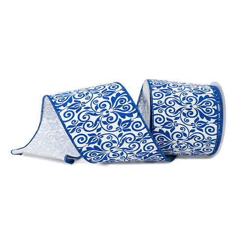 RIBBON 4" X 10YDS FILIGREE BLUE AND WHITE