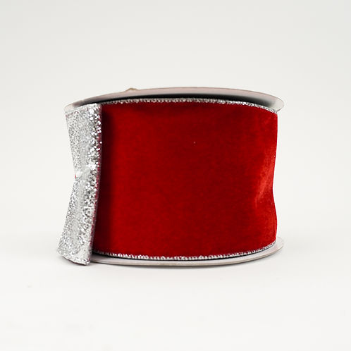 RIBBON VELVET GLITTER 4X10YDS RED AND SILVER