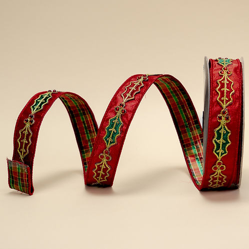 RIBBON 1.5" X 10YDS JOLLY HOLLY RED AND EMERALD