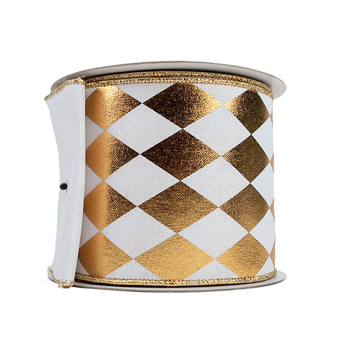 RIBBON 4" X 10YDS FOIL JESTER DIAMONDS GOLD