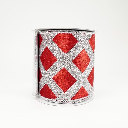 RIBBON 4X5YDS RED VELVET SILVER GLITTER