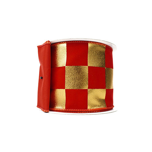 RIBBON 4" X 10YDS ELEGANT FOIL CHECKS RED AND GOLD