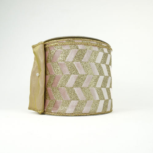 RIBBON 4X10YDS VELVET CHEVRON IVORY AND GOLD