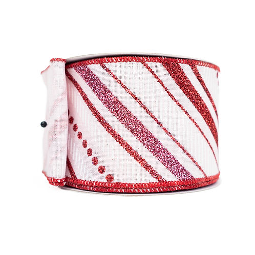 RIBBON 2.5" X 10YDS DIAGONAL STRIPES GLITTER LIGHT  PINK, RED AND WHITE
